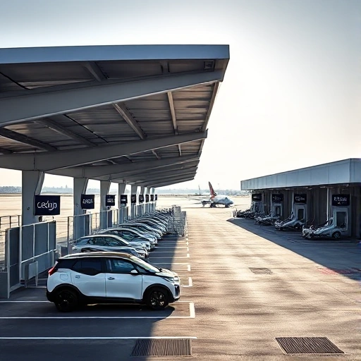 A modern airport parking area with covered loading zones, featuring sleek canopies over designated loading bays, electric service vehicles parked beneath, clear signage for cargo handling, paved surfaces with drainage, distant airport terminals and runways visible in soft daylight, minimalist design, no people, no text or letters on signs or surfaces, no advertisements, no vehicles in motion, no clutter