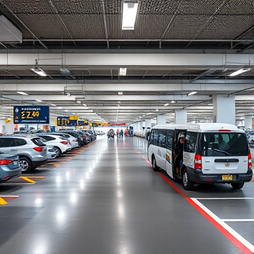 A modern airport parking area with clear signage, well-lit spaces, security cameras, and a shuttle bus transporting passengers to the terminal, showing affordability and safety through visible pricing displays and attentive staff