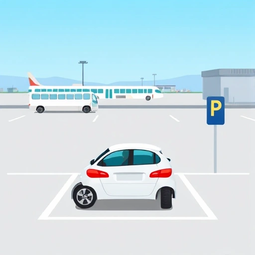 A simple, clean illustration of a car parked in a clearly marked airport parking space with a visible 'P' sign, a shuttle bus in the background, and a terminal building faintly visible in the distance under a clear blue sky, minimal details, flat colors, no text or labels