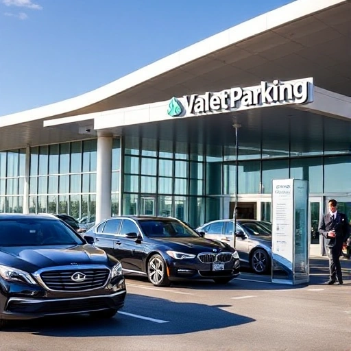 A modern airport terminal exterior with a clear sky, showing a designated valet parking area near the entrance, featuring a few luxury cars being attended by uniformed valet staff in professional attire, holding ticket dispensers, with subtle signage indicating 'Affordable Valet Parking' in clean, minimalist design, no text visible on signs or vehicles, focus on atmosphere and service quality