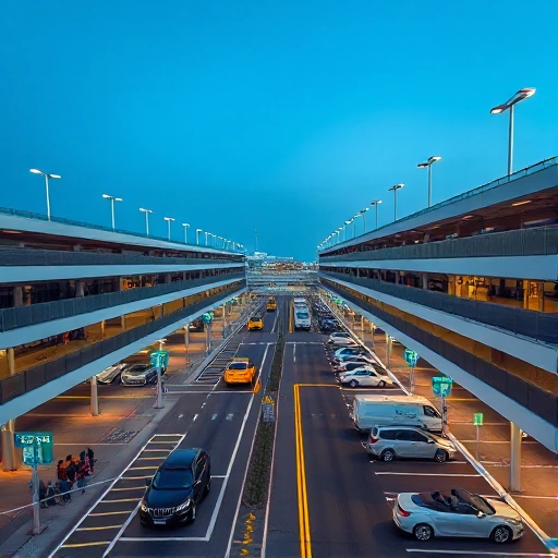 A modern 24/7 airport parking facility with multiple levels, well-lit lanes, clear signage, electric vehicle charging stations, security cameras, and shuttle buses transporting passengers to terminals under a clear night sky with soft ambient lighting
