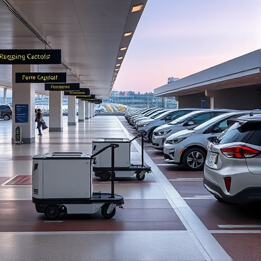A modern airport parking area with clear signage, automated luggage carts assisting travelers, sleek electric vehicles parked nearby, and a clean, well-lit environment with subtle airport architecture in the background
