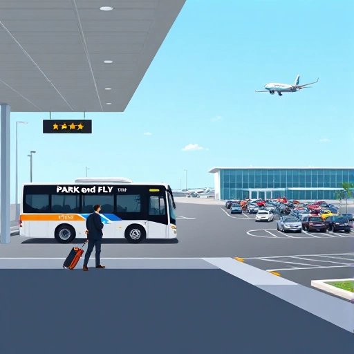 A modern airport terminal with a clear sky, a person walking toward a shuttle bus labeled 'Park and Fly' with luggage, a parking lot filled with cars near the terminal, and a plane taking off in the background, all in a clean, bright, realistic style