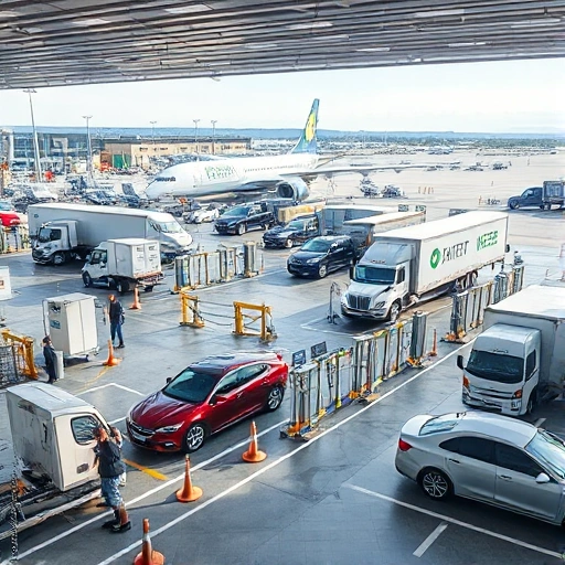 A modern airport parking area with vehicles undergoing inspection services, including cars and trucks parked in designated zones, security personnel checking vehicles, inspection equipment like scanners and barriers, clear signage for inspection lanes, well-lit environment with airport terminals visible in the background, daytime setting, realistic details
