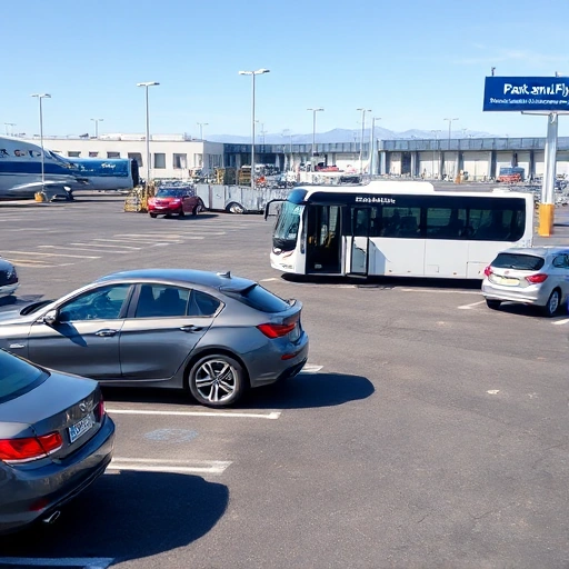 A modern airport parking area with cars parked in designated spots, a shuttle bus transporting passengers to the terminal, clear signage for 'Park and Fly', bright daylight, clean asphalt, well-lit, no people visible in the scene, focus on vehicles and infrastructure