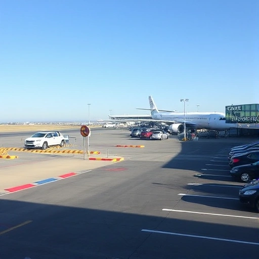 A modern airport parking lot with clear signage indicating 'Short-term Parking', cars parked in designated spaces, a shuttle bus nearby, and a terminal building visible in the background under a clear sky