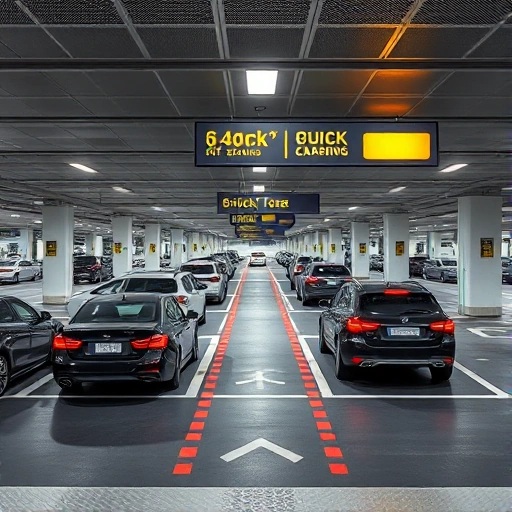 A modern airport parking area with a designated quick drop-off zone, featuring clear signage, vehicles briefly stopping to unload passengers, smooth traffic flow, well-lit pavement, and minimal congestion, all in a clean, efficient urban airport environment