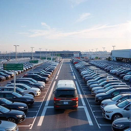 A modern airport long-term parking lot with rows of parked cars under a clear sky, featuring a shuttle bus picking up passengers, directional signs, and well-lit pathways, all in a clean, realistic style