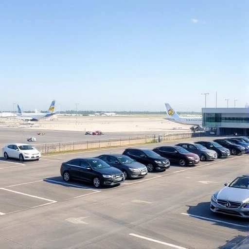 An open-air parking area at an airport with several cars parked in marked spaces, airport terminals and runways visible in the background, clear sky, daytime lighting, modern airport infrastructure, no people visible, realistic style