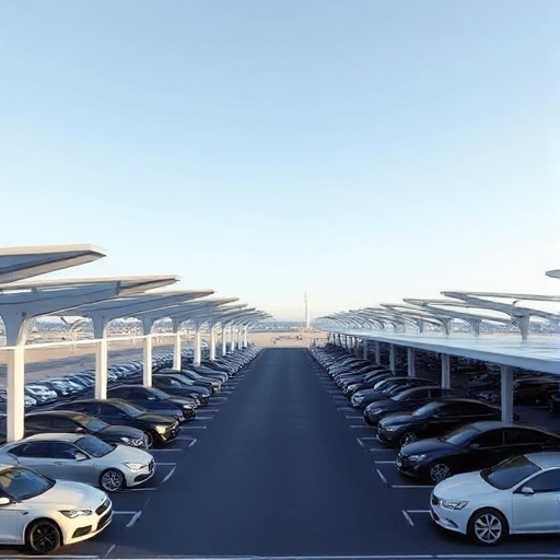 A modern airport parking area with covered parking structures, sleek canopies over rows of cars, clear sky, minimalist design, no people, no text or signage, high detail, realistic lighting