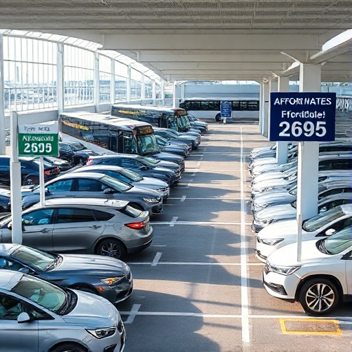 A modern airport parking area with clear signage showing affordable rates, rows of parked cars, shuttle buses nearby, bright daylight, clean and organized layout, no people visible, focus on accessibility and value