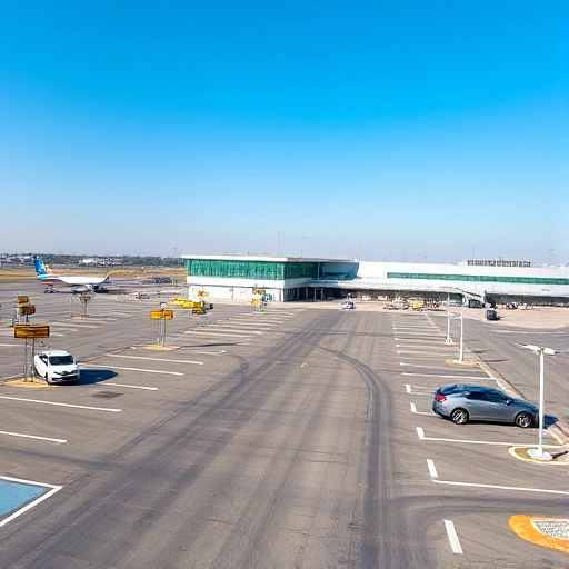A modern airport parking area with clear signage, organized vehicle lanes, and a few cars parked neatly near a terminal building under a bright sky