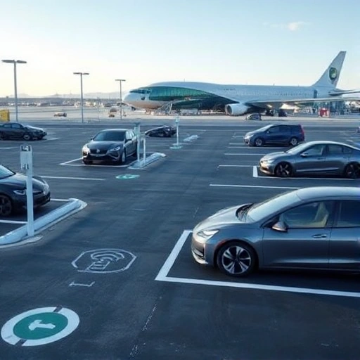 A modern airport parking area with self-parking options, showing autonomous vehicles parking themselves in designated smart parking spots, clear signage indicating self-parking zones, sleek electric cars with sensors and cameras visible, well-lit paved lanes, minimal traffic, futuristic airport terminal in the background under a clear sky, no people visible, no text or letters on signs or vehicles, no license plates, no advertisements