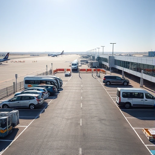 A modern, convenient parking area near an airport with clear signage, well-marked parking spaces, electric vehicle charging stations, shuttle buses waiting to transport passengers to terminals, and a clean, organized layout under bright daylight, with distant airport terminals and aircraft visible in the background