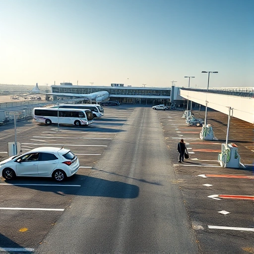 A modern, convenient parking area near an airport terminal with clear signage, well-marked parking spaces, electric vehicle charging stations, shuttle buses arriving and departing, travelers with luggage walking to the terminal, sleek asphalt surface, soft daylight, minimalist design, no clutter, no graffiti, no damaged infrastructure