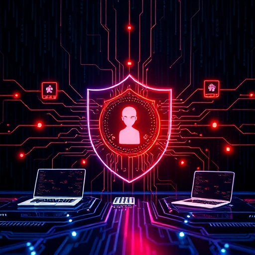 A modern digital shield made of glowing circuit patterns protecting a network of interconnected devices like laptops, smartphones, and servers from incoming red cyber threats such as viruses, hackers, and data leaks, set against a dark tech background with subtle binary code falling like rain