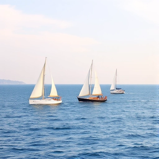 A serene maritime scene featuring elegant sailboats gliding across calm blue waters under a soft sky with gentle winds filling their white sails, distant horizon with subtle hints of coastline, no text, no logos, no people, no modern vessels, purely natural and tranquil atmosphere