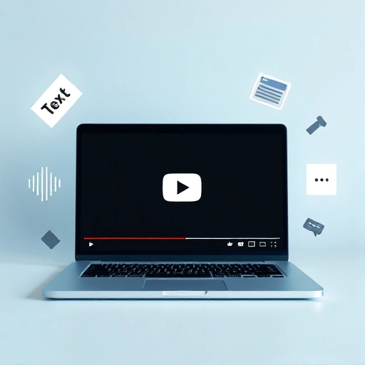 A modern laptop screen displaying a YouTube video with visible subtitles at the bottom, surrounded by floating icons representing speech-to-text conversion, such as sound waves turning into text blocks, in a clean, minimalist digital interface style, soft blue and white color scheme, no text or letters visible in the image