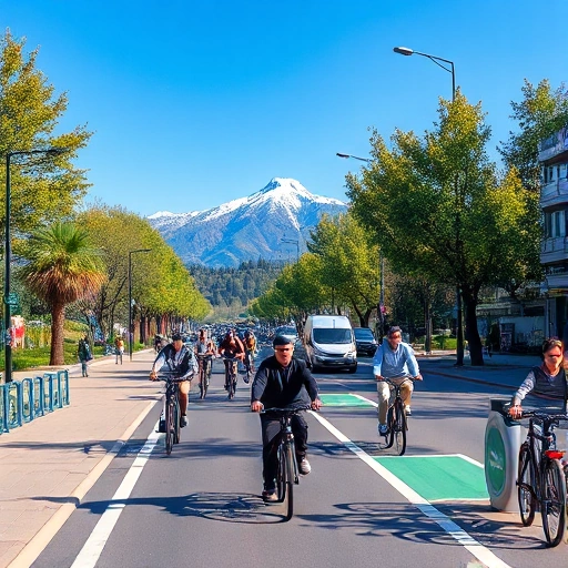 A modern urban scene in Almaty showing cyclists riding on dedicated bike lanes along tree-lined streets with the Zailiyskiy Alatau mountains in the background, people of diverse ages and clothing using bicycles for commuting and leisure, bicycles parked at modern bike-sharing stations, clear blue sky, vibrant but realistic colors, no text or signage visible