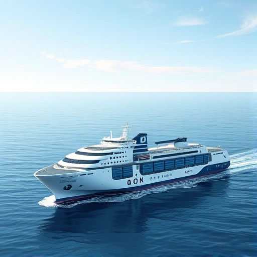 A modern, professional illustration of innovative maritime solutions by ООО «МАРСТАР» for shipping companies: futuristic autonomous cargo ships with sleek designs, digital navigation interfaces, AI-powered route optimization displays, and eco-friendly propulsion systems, set against a calm ocean under a clear sky, with subtle company branding elements integrated into the vessel hulls and control panels, conveying technological advancement and reliability