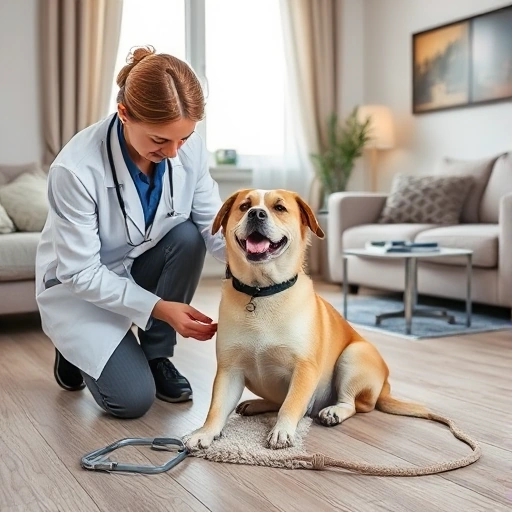 A professional veterinarian in a white coat examining a happy dog on a cozy living room floor in a modern apartment in Krasnogorsk, with medical equipment nearby, soft natural lighting from a window, warm and caring atmosphere, no text or signs visible