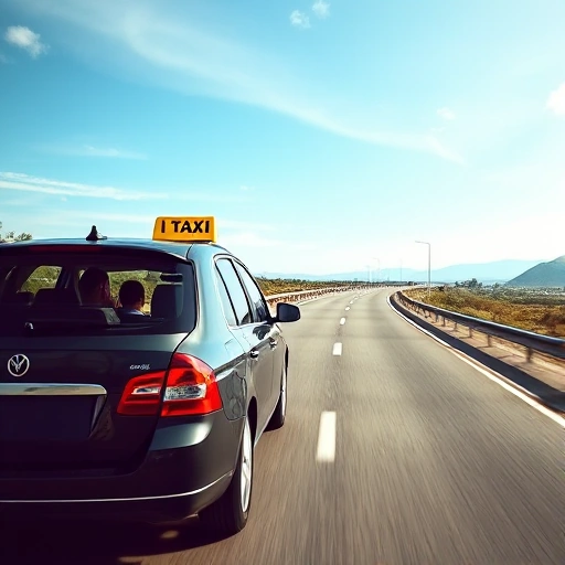 A modern intercity taxi vehicle driving on a scenic highway between cities, with comfortable passengers visible inside, luggage in the trunk, and a clear sky with distant mountains or countryside in the background, conveying convenience, safety, and comfort for long-distance travel
